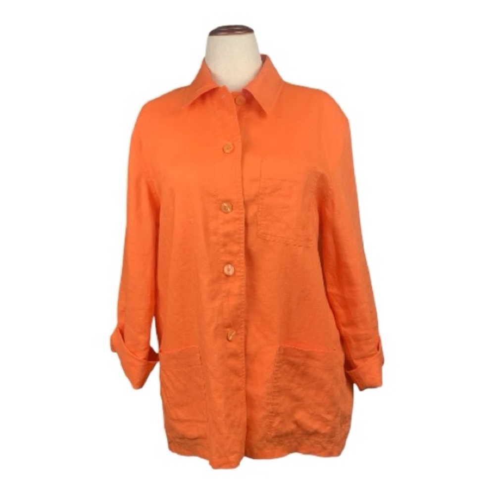 100% Linen Vibrant‎ Orange Button-Down Shirt Jacket Pockets Scandi Girl Large